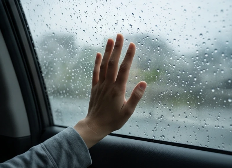 Biển số xe hợp tuổi Tý: cách tính tổng nút và cân bằng Âm Dương 9 Một bàn tay đặt trên kính cửa sổ ô tô đọng đầy những giọt nước mưa lất phất mang lại cảm giác tĩnh lặng