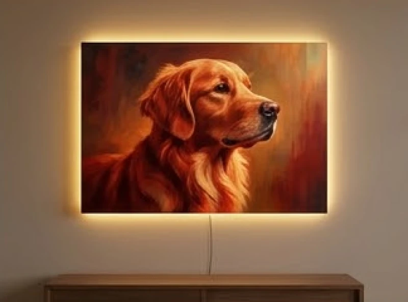 Bức tranh canvas vẽ hình chó được gắn dải đèn LED vàng hắt viền phía sau mang lại cảm giác ấm cúng cho phòng khách