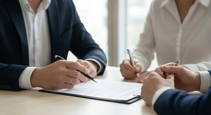 Hai doanh nhân có biểu cảm căng thẳng khi xem xét các điều khoản pháp lý trên hợp đồng