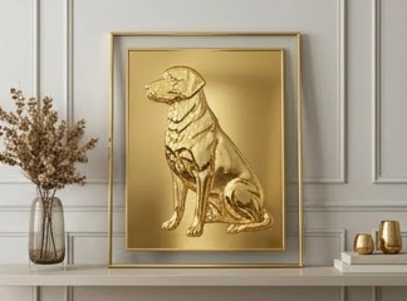 Bức tranh điêu khắc hình con chó mạ vàng 24k sáng bóng nổi bật bên trong khung kính bảo vệ trong suốt