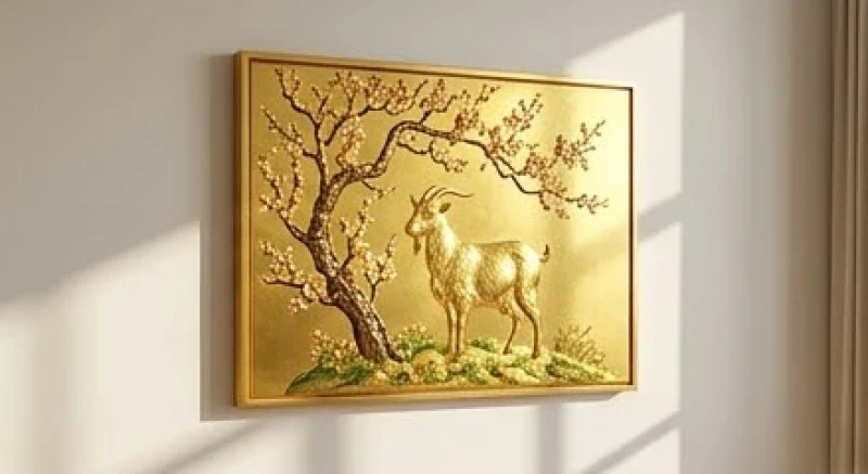 Tranh treo hình con dê hợp tuổi Mùi: Hướng chuẩn & Bảng giá 4 Bức tranh con dê mạ vàng nguyên chất lấp lánh phản chiếu ánh sáng sang trọng trong không gian nội thất