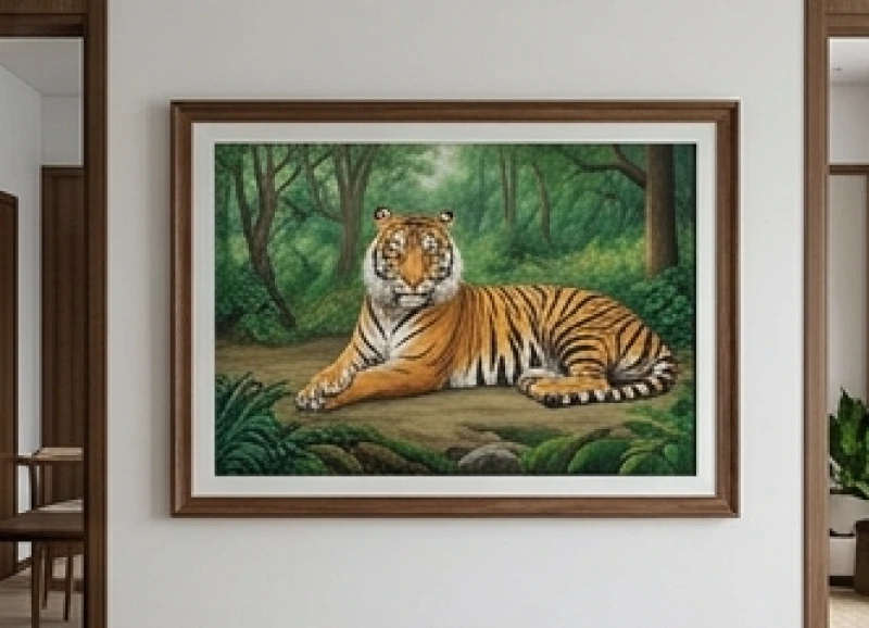 Tranh treo hình chúa sơn lâm đang nằm nghỉ ngơi thong dong giữa rừng cây xanh mát mang lại bình yên