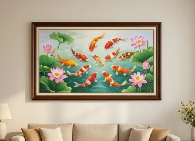 Chín chú cá chép bơi lội giữa đầm hoa sen bung nở tạo nên bức họa cửu ngư quần hội viên mãn cho tuổi Bính Ngọ