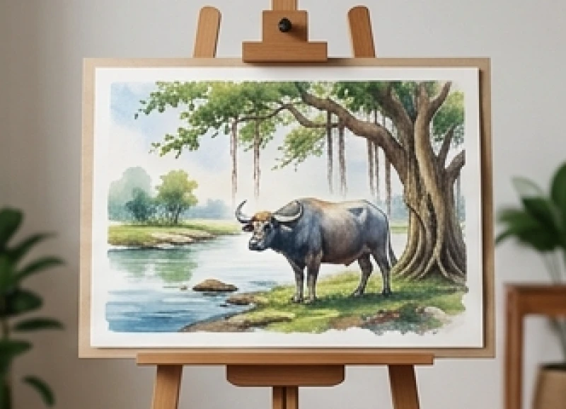 Phong cảnh đồng quê thanh bình với hình tượng con trâu đứng dưới gốc đa cạnh bến nước trong xanh
