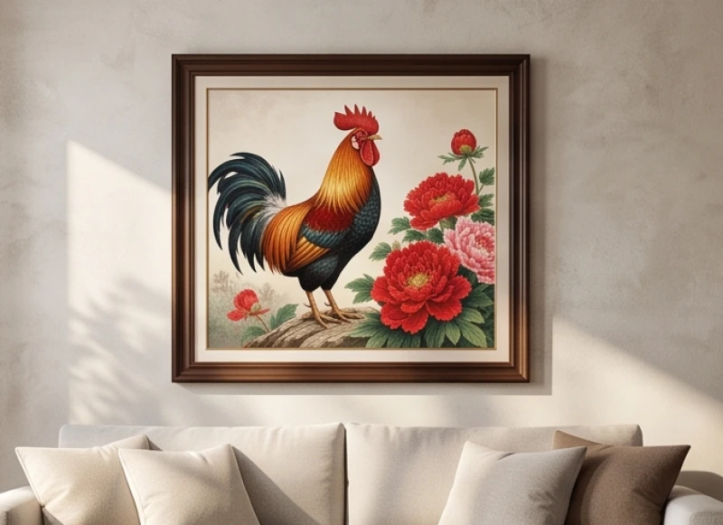 Tranh gà trống đại cát đứng cạnh hoa mẫu đơn đỏ rực rỡ tượng trưng cho sự no đủ và vượng khí