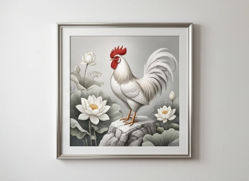 Gà trống lông trắng oai vệ trên vách đá được đặt trong khung viền kim loại sáng bóng treo trên tường