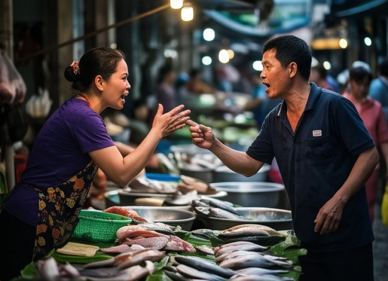 Mơ thấy chợ cá là điềm gì? Giải mã chi tiết và số may mắn 8 Hai tiểu thương đang tranh luận gay gắt để giành giật khách mua cá