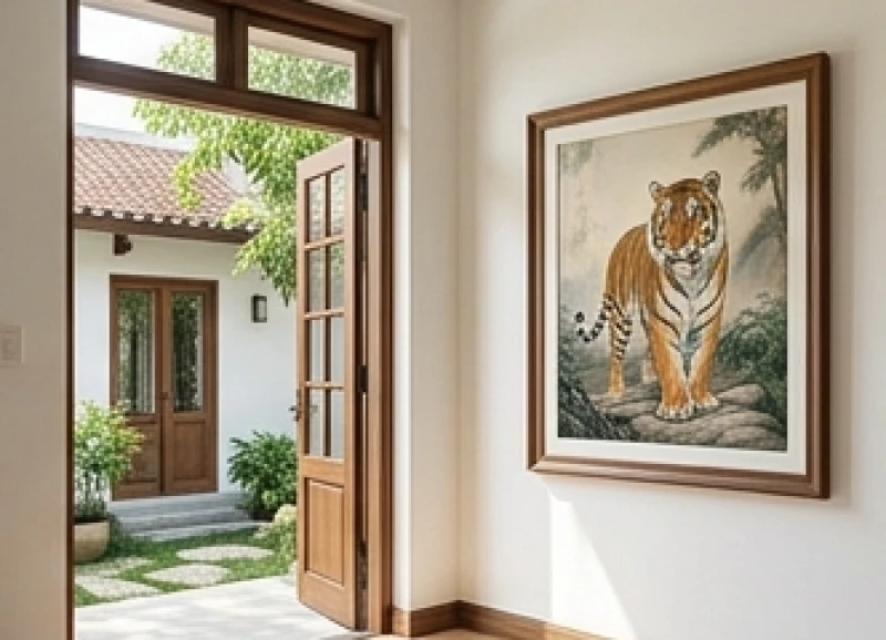 Bức họa phong thủy mang hình con hổ hướng ra ngoài cửa chính để trấn trạch và ngăn cản ác khí