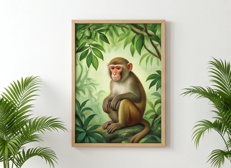Tranh con khỉ in trên vải canvas với họa tiết cây cối xanh mát dành cho gia chủ tuổi Canh Thân mệnh Mộc