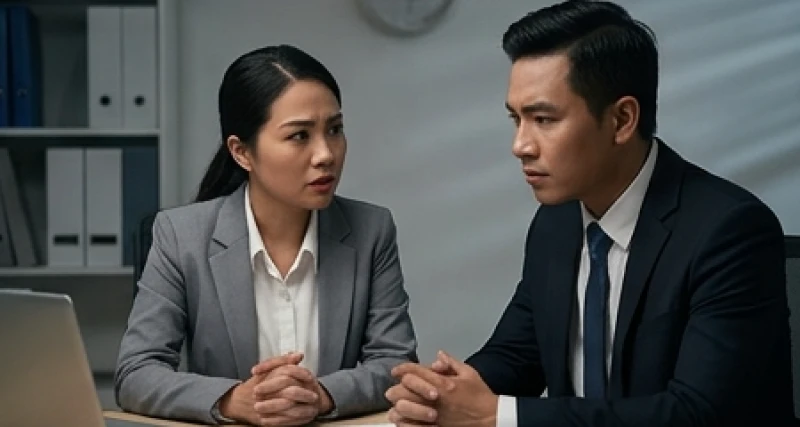 Hai người đang tranh luận căng thẳng với vẻ mặt nghiêm trọng trong một buổi họp nhóm