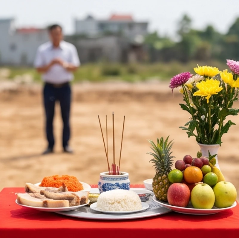 Gia chủ đứng từ xa quan sát nghi thức cúng động thổ để đảm bảo không phạm phải kiêng kỵ