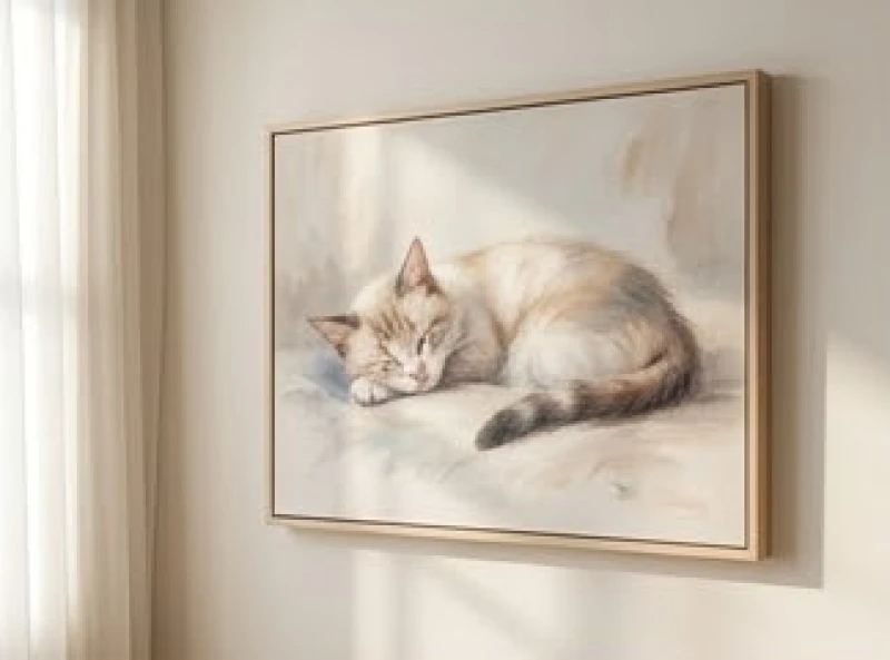 Nét vẽ mềm mại trên nền canvas tạo nên tác phẩm mèo nghệ thuật giúp không gian trở nên thư giãn