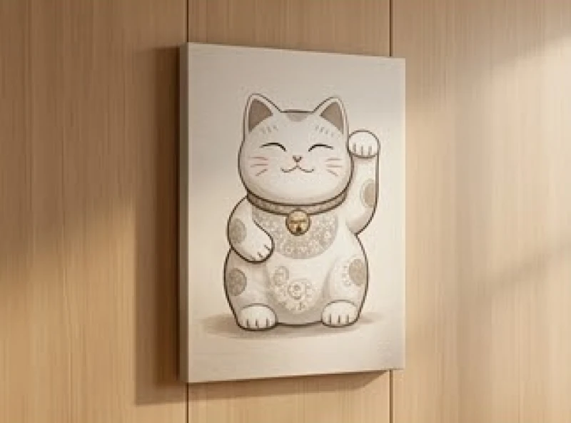 Mẫu mèo thần tài Maneki Neko in trên chất liệu vải canvas truyền thống với tông màu nhã nhặn