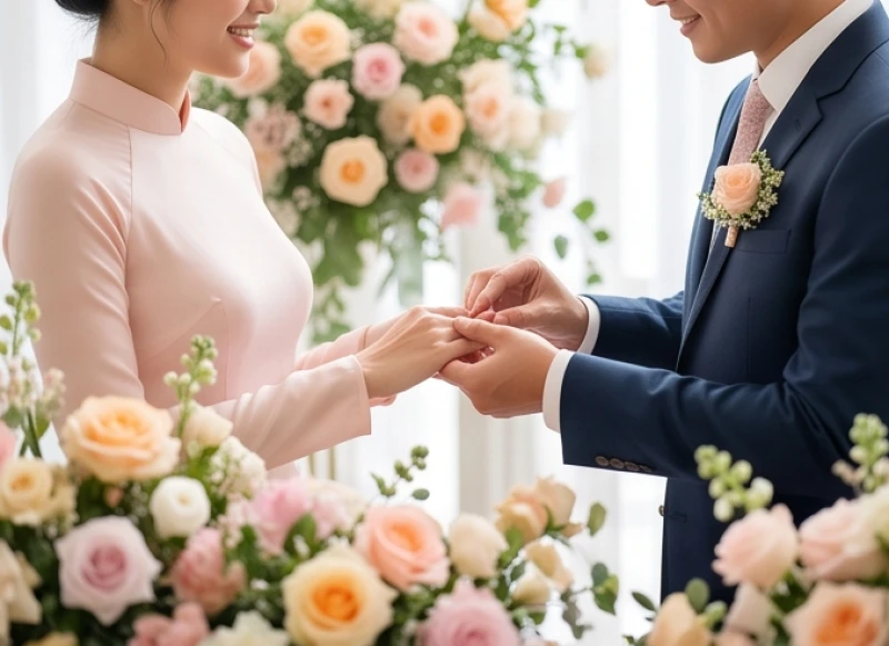 Đôi uyên ương cùng nhau trao nhẫn cưới trong một không gian tiệc cưới lãng mạn ngập tràn hoa tươi