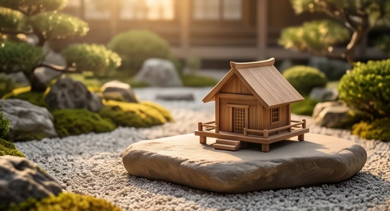 Mô hình ngôi nhà gỗ nhỏ đặt trên tảng đá vững chãi giữa khu vườn Nhật Bản tĩnh lặng