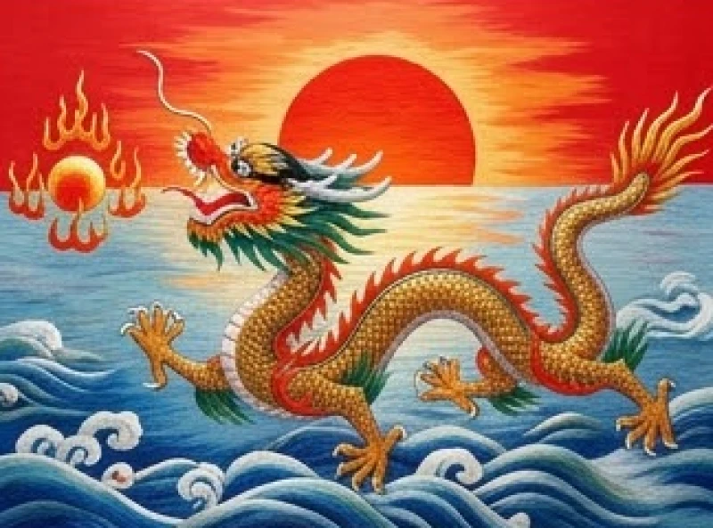 Bức tranh rồng nhả ngọc trên nền trời rực đỏ rạng đông được thêu tay tỉ mỉ bằng chỉ tơ bóng
