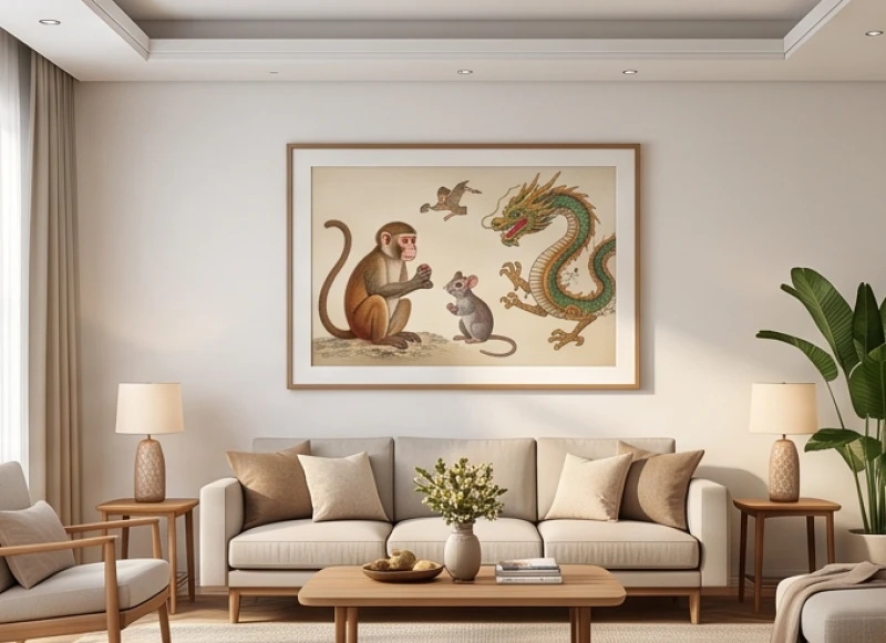 Bức tranh quy tụ ba linh vật Khỉ, Chuột và Rồng treo cân đối ở phòng khách gia đình nhiều thế hệ