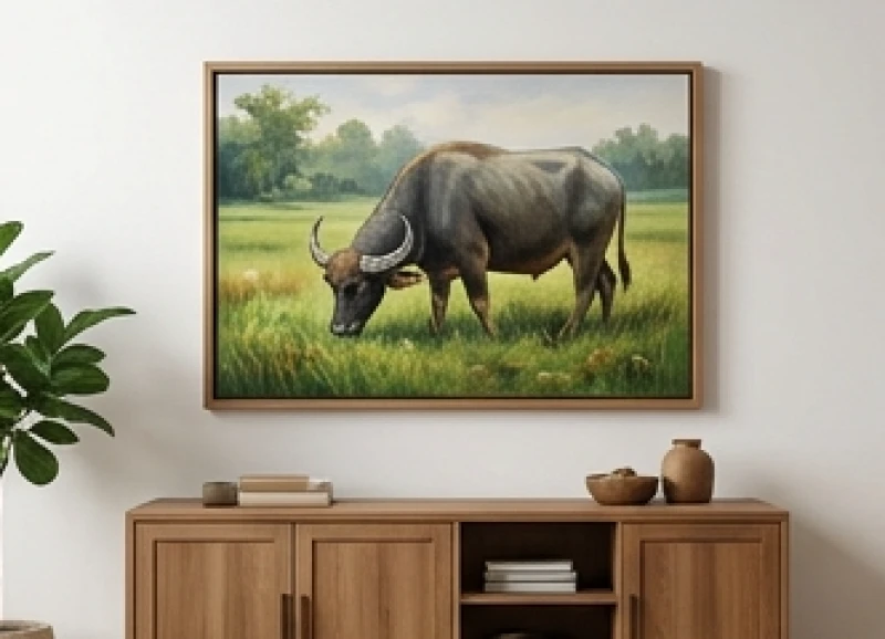 Con trâu khỏe mạnh đang cúi đầu ăn cỏ giữa thảo nguyên xanh ngát tượng trưng cho sự sung túc