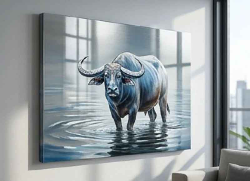 Bề mặt tráng gương sáng bóng của tác phẩm vẽ cảnh trâu đầm mình dưới nước phản chiếu ánh sáng
