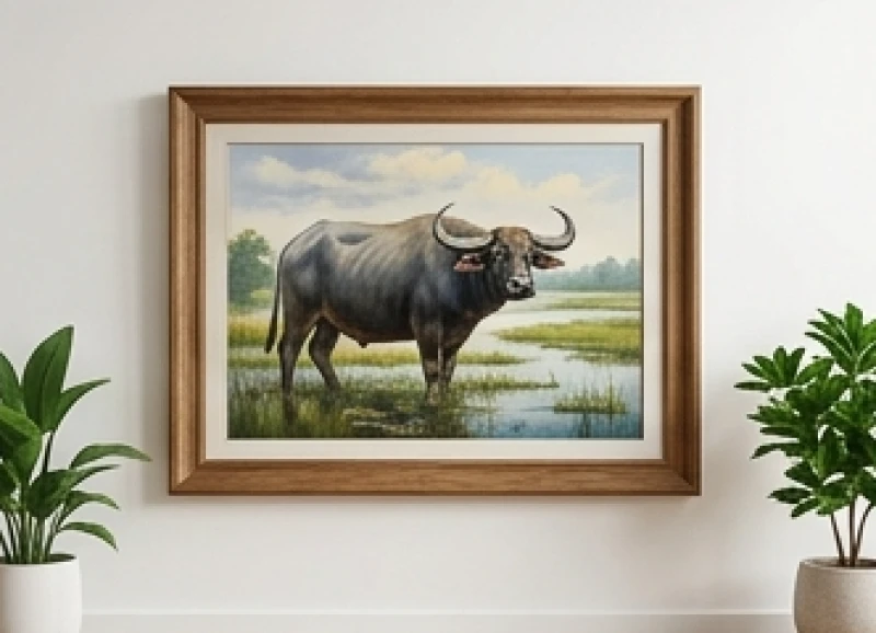 Khung gỗ sồi bản to chắc chắn bao bọc lấy hình ảnh chú trâu đầm lầy mang đậm yếu tố Thủy