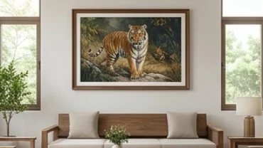 Bức tranh treo hình con hổ hợp tuổi Dần với dáng vẻ hiền hòa được bài trí uy nghi trong không gian phòng khách