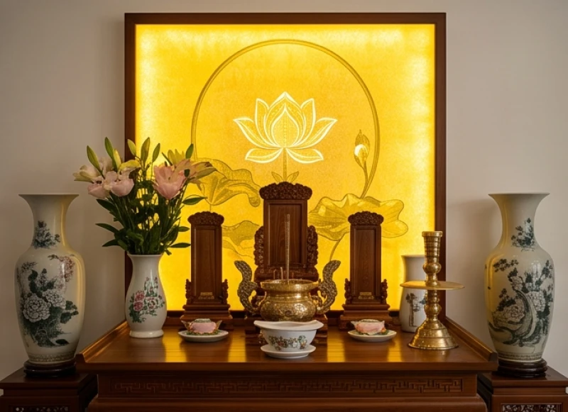 Hướng bàn thờ hợp tuổi Sửu: Phân biệt nam nữ & cung Lỗ Ban 10 Tranh trúc chỉ họa tiết hoa sen tỏa ánh sáng vàng ấm áp phía sau bát hương kết hợp cặp lục bình