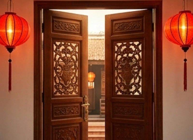 Cánh cửa gỗ khép hờ hững với đèn lồng đỏ treo hai bên hiên nhà