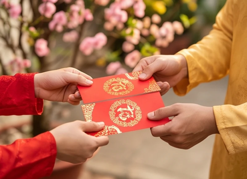 Gia chủ và khách xông đất vui vẻ trao đổi những phong bao lì xì đỏ rực mang lời chúc bình an