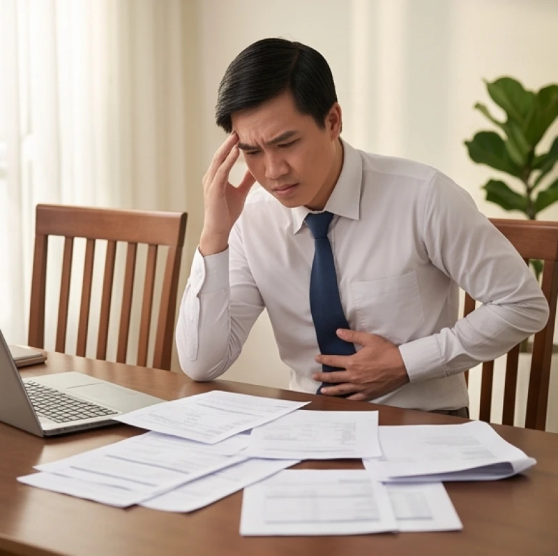 Nhân viên văn phòng ôm bụng khó chịu do cơn đau trào ngược dạ dày bùng phát