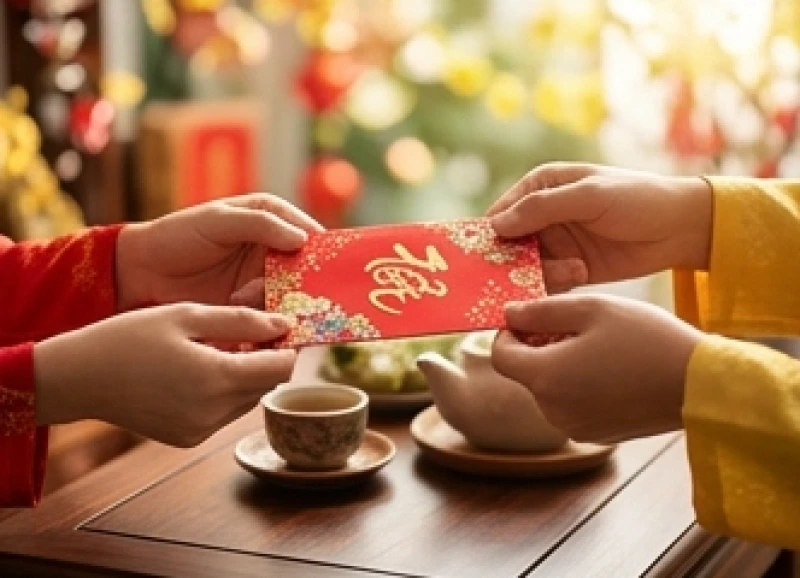 Hành động trao phong bao lì xì đỏ kèm nụ cười để hòa giải và xua tan bực dọc