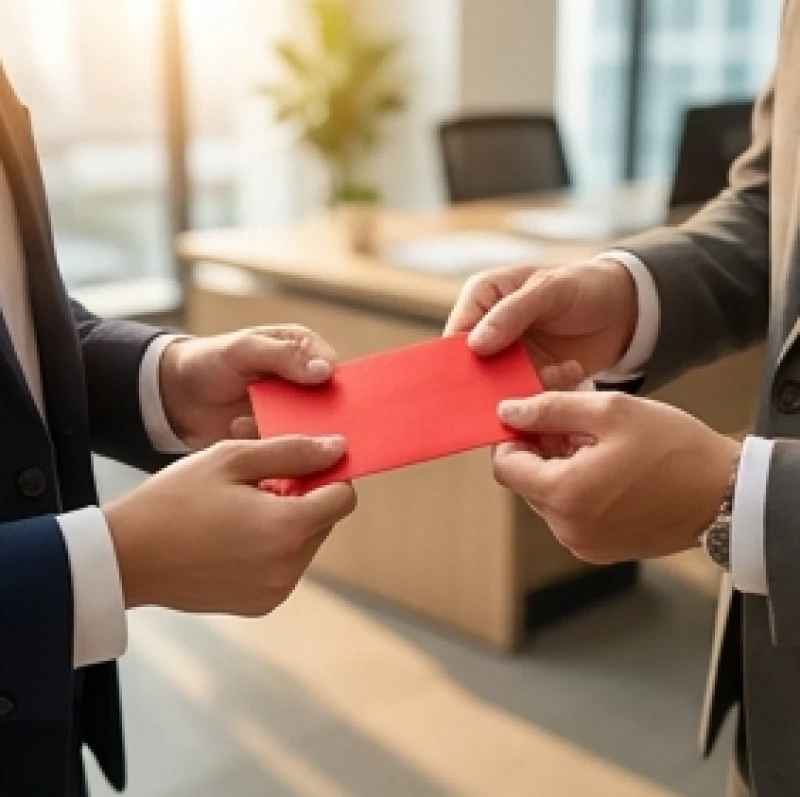 Người chủ doanh nghiệp trao phong bao lì xì màu đỏ may mắn cho người được mượn tuổi cúng khai trương