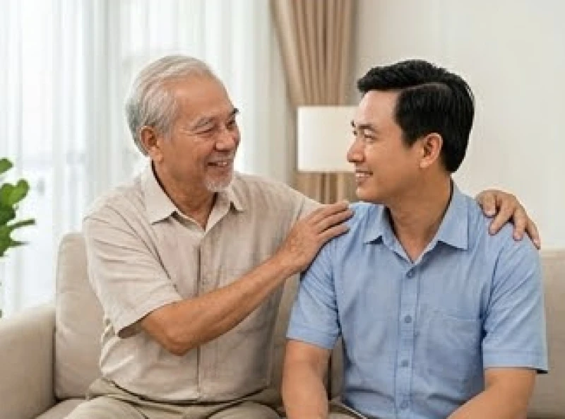 Người cha lớn tuổi vỗ vai động viên con trai trưởng đứng ra lo liệu việc nhà