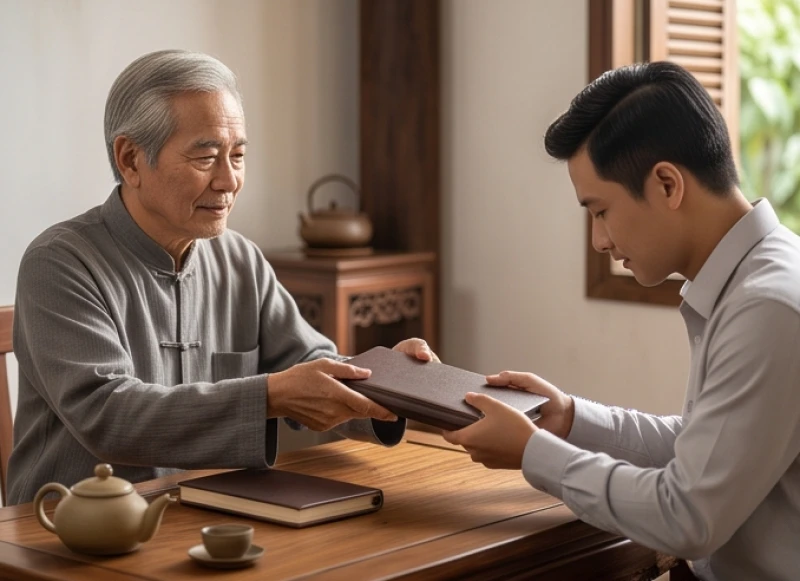 Người cha già mỉm cười trao cuốn sổ tay và chỉ dẫn cho người con trai trưởng bên bàn trà