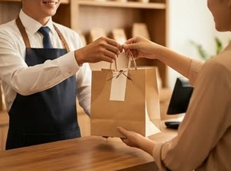 Khách hàng hài lòng nhận món đồ được đóng gói cẩn thận từ tay người chủ trong ngày đầu tiên cửa hàng đi vào hoạt động