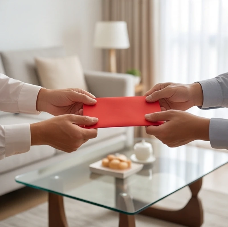 Gia chủ trao chiếc phong bao lì xì đỏ chứa tiền chuộc nhà tượng trưng cho người mượn tuổi