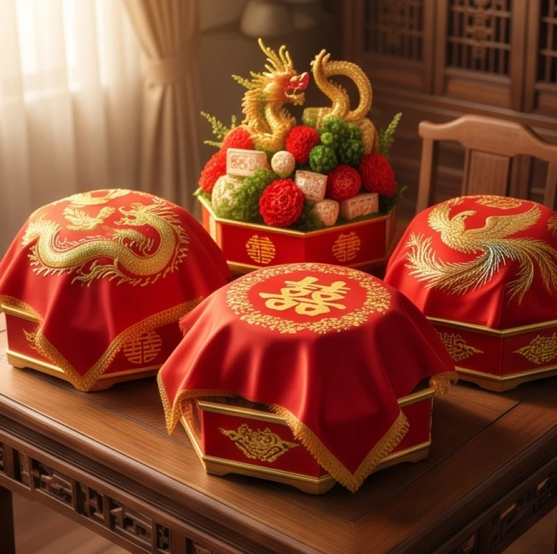 Các tráp ăn hỏi truyền thống được trang trí bằng chữ hỷ màu đỏ chuẩn bị cho một ngày lễ thành hôn đại cát