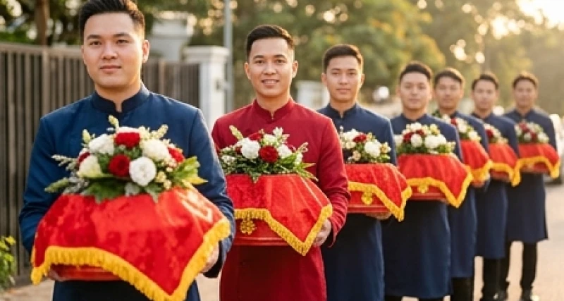 Tuổi Thân Cưới Ngày Nào Tốt: Bảng Tra Tháng và Loại Trừ Ngày Xung 5 Đội bê tráp nam nữ bưng các mâm quả cưới màu đỏ được trang trí hoa tươi lộng lẫy