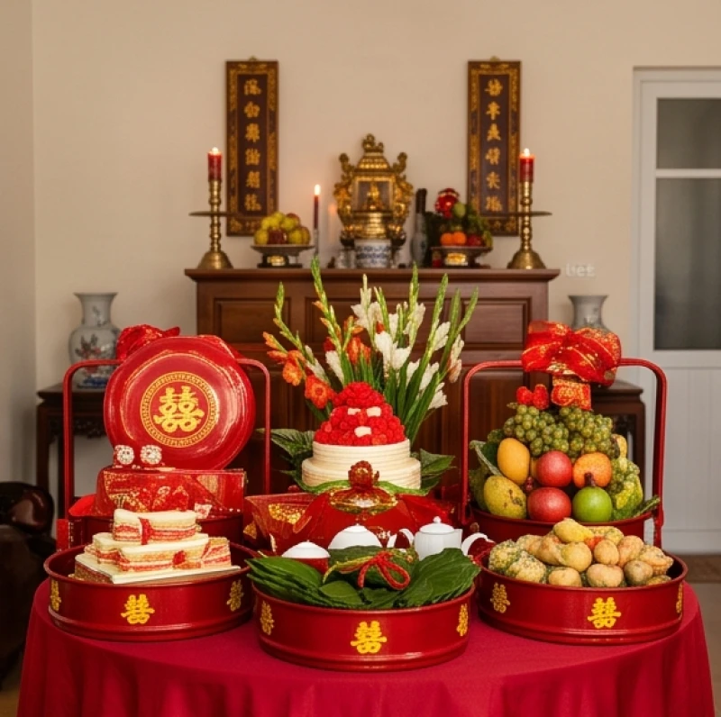 Văn khấn lễ cưới hỏi: Mẫu chuẩn từng nghi lễ và cách hành lễ 7 Các tráp sính lễ ăn hỏi màu đỏ được sắp xếp trang trọng trước bàn thờ nhà gái