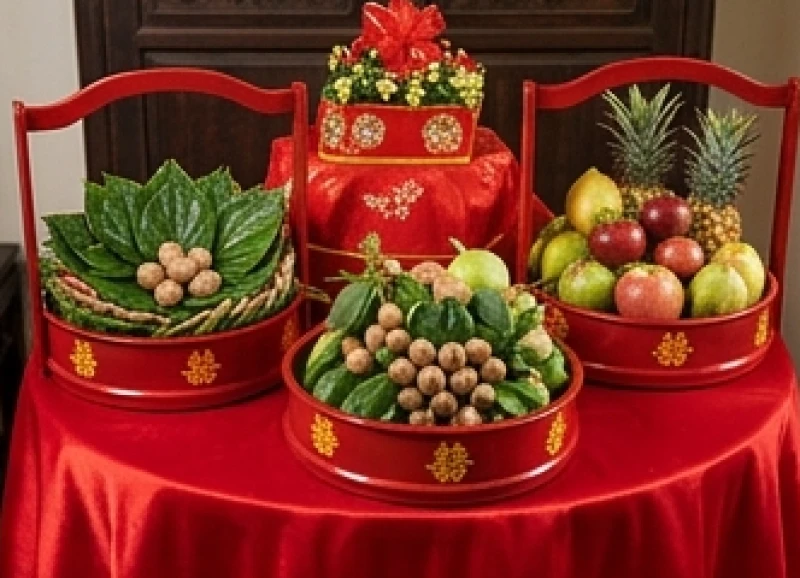Tuổi Mão Nên Cưới Vào Năm Nào: Luật Nam Nữ và Thủ Tục Hóa Giải 3 Bộ tráp sính lễ đỏ rực rỡ được chuẩn bị chu đáo để xin dâu trong năm mang hành Hỏa, tương sinh với bản mệnh Thổ