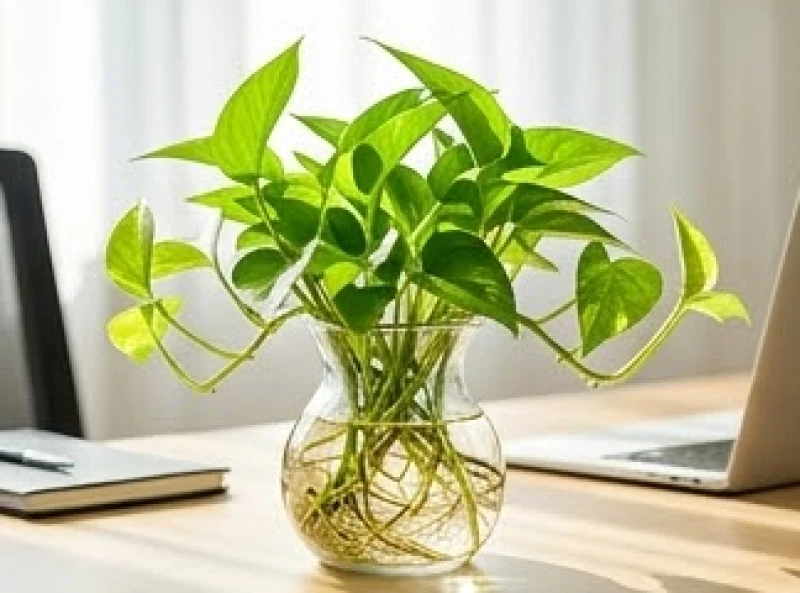 Cây trầu bà xanh vươn nhánh tươi tốt được trồng trong bình thủy tinh trong suốt lộ rõ bộ rễ khỏe mạnh