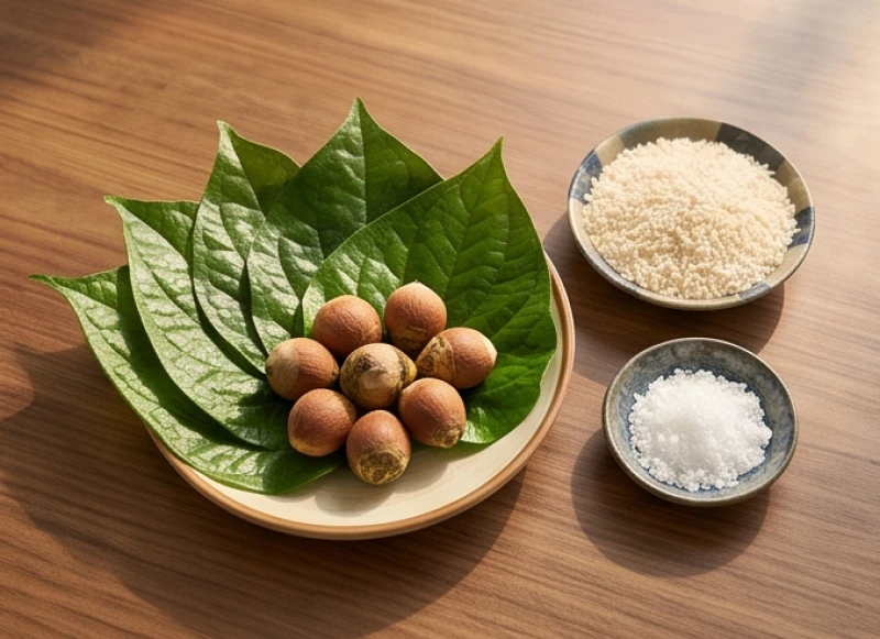 Đĩa trầu cau xanh mướt và quả cau tròn trịa được bày biện trang trọng trên bàn lễ
