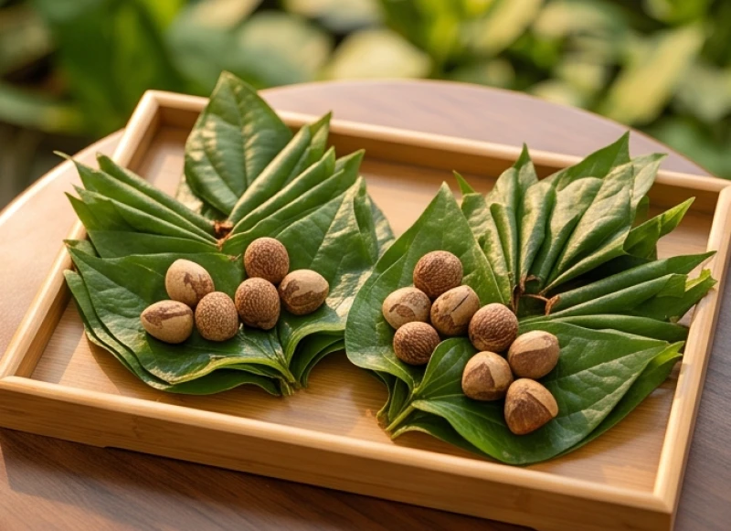 Mâm trầu cau xanh tươi được têm cánh phượng tỉ mỉ trong nghi thức dạm ngõ truyền thống