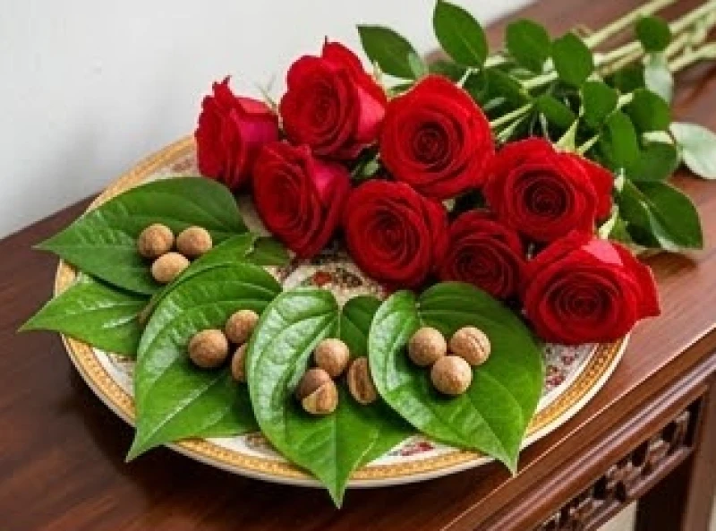 Văn khấn tháo dỡ nhà cũ: Bài cúng chuẩn và thủ tục thực địa 4 Đĩa lễ vật gồm năm lá trầu không, quả cau và chín bông hoa hồng đỏ tươi bày biện đẹp mắt trên bàn