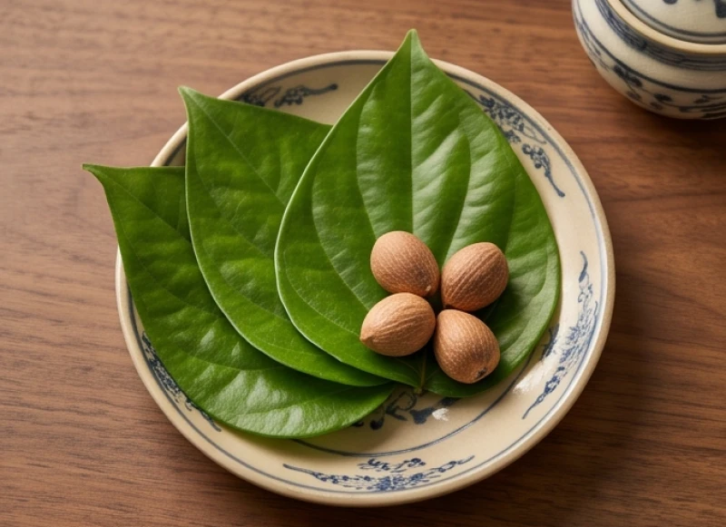 Ba lá trầu xanh tươi và ba quả cau nguyên vẹn được sắp xếp gọn gàng trên đĩa nhỏ phục vụ cho nghi lễ cúng dâng sao