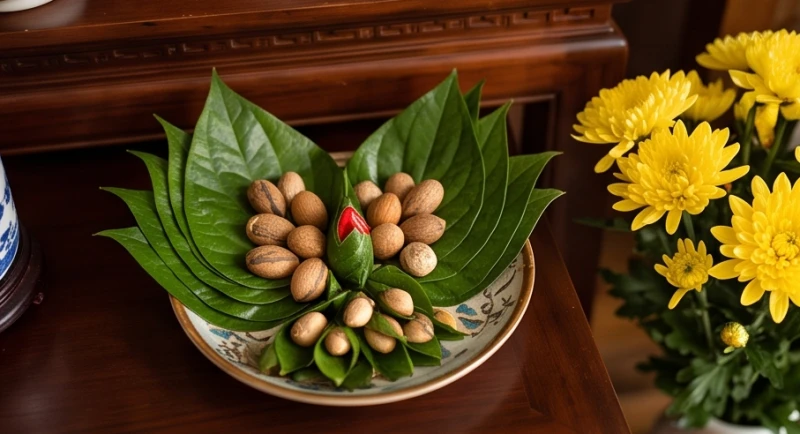 Văn khấn nhận con nuôi: Hướng dẫn sắm lễ, bài cúng và xin keo 5 Đĩa trầu cau têm cánh phượng tỉ mỉ bày cùng hoa tươi dâng lên bàn thờ tổ tiên