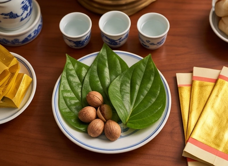 Lời tạ lễ sau khi cúng: Bài khấn chuẩn và trình tự hạ lễ 4 Đĩa trầu cau tươi xanh đặt cạnh kỷ nước cúng và tập tiền vàng mã trên bàn thờ gia tiên