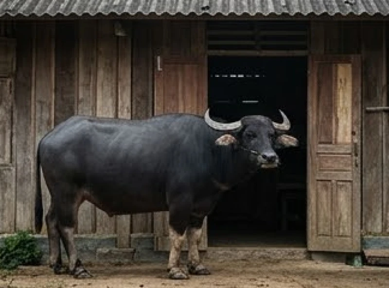Mơ thấy đàn trâu đen: Giải mã điềm báo cát hung theo bối cảnh 8 Bóng đen của con trâu khổng lồ xuất hiện ở trước cửa nhà gỗ truyền thống