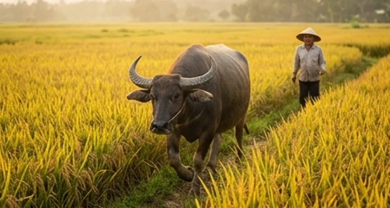 Con trâu nước vạm vỡ với cặp sừng cong đang thong thả bước đi trên cánh đồng lúa chín vàng