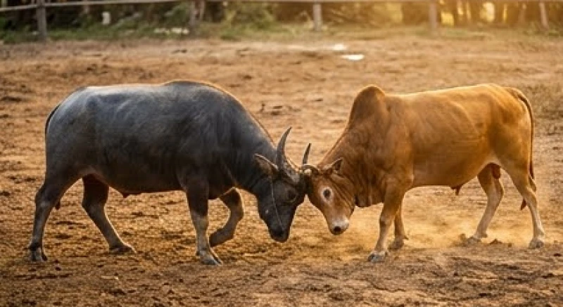 Một con trâu nước đen và một con bò vàng đang húc nhau quyết liệt, ẩn dụ cho sự va chạm giữa hai luồng tư duy trái ngược