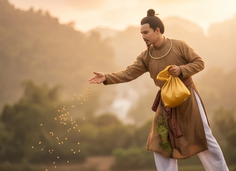Vị thần tiên trên thiên đình đang vội vã gieo rắc những hạt giống cỏ dại xuống trần gian